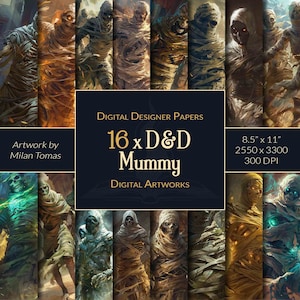 Pacote de artes digitais de múmia D&D | Conjunto de 16 papéis digitais | Papel para álbum de recortes | Diários indesejados | Artesanato faça você mesmo