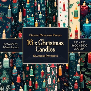 May include: 16 digital papers featuring Christmas candle designs. The patterns are seamless and feature candles in various colours, including red, green, blue, and yellow. The background is a dark blue colour with a variety of festive elements, such as holly, stars, and snowflakes.
