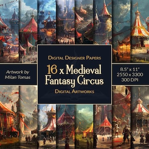Paquete de obras de arte digitales Medieval Fantasy Circus / Conjunto de 16 papeles digitales / Papel de álbum de recortes / Diarios basura / Manualidades de bricolaje