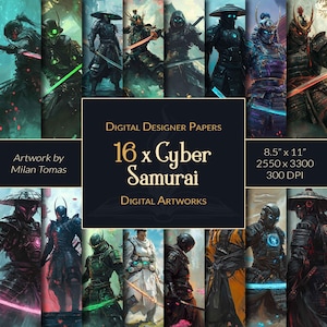 Cyber Samurai Digital Artworks Pack | Set of 16 Digital Papers | Scrapbook Paper | Junk Journals | DIY Crafts