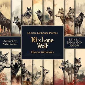 Confezione di opere d’arte digitali di lupo solitario, set di 16 carte digitali, carta per album, diari spazzatura, artigianato fai-da-te