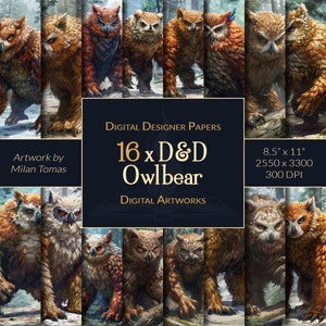 Pacote de Arte Digital D&D Owlbear | Conjunto de 16 Papéis Digitais | Papel para Scrapbook | Diários de Sucata | Artesanato DIY