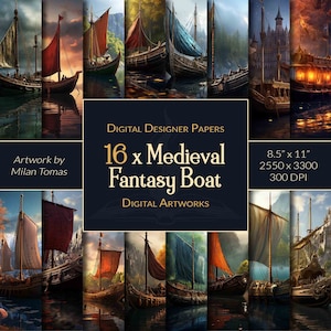 Medieval Fantasy Boat Digital Artworks Pack | Set of 16 Digital Papers | Scrapbook Paper | Junk Journals | DIY Crafts