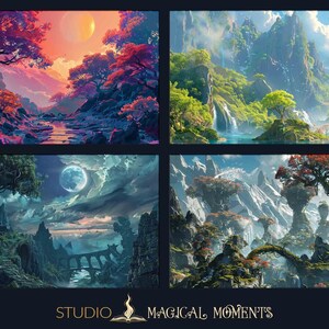 May include: Four digital paintings of fantasy landscapes with mountains, waterfalls, trees, and a river. The first image is a sunset scene with a red and purple sky. The second image is a lush green valley with a waterfall. The third image is a night scene with a full moon and a bridge. The fourth image is a snowy mountain scene with a waterfall and trees.