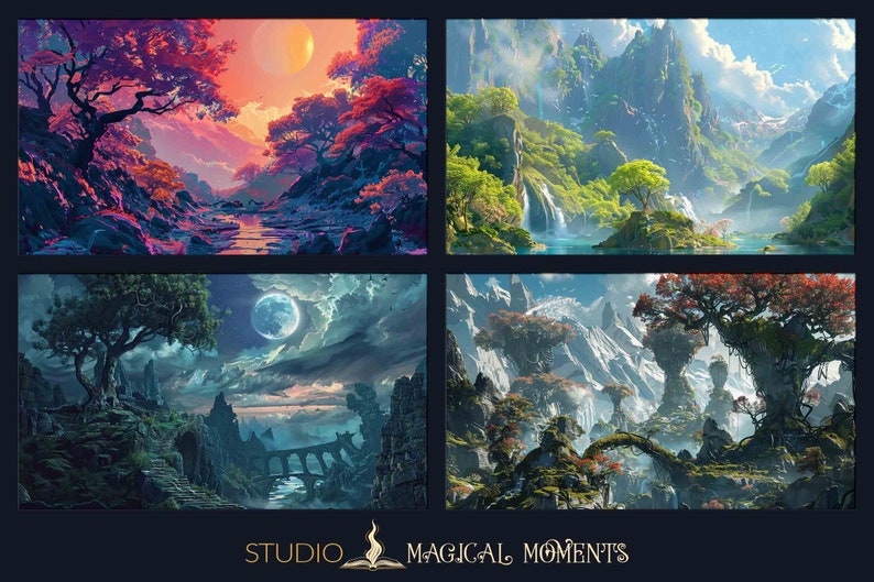 May include: Four digital paintings of fantasy landscapes with mountains, waterfalls, trees, and a river. The first image is a sunset scene with a red and purple sky. The second image is a lush green valley with a waterfall. The third image is a night scene with a full moon and a bridge. The fourth image is a snowy mountain scene with a waterfall and trees.