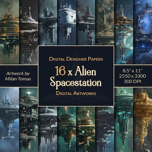 Könnte beinhalten: Eine digitale Collage aus 16 Bildern mit futuristischen Raumstationen mit aufwendigen Details. Die Bilder sind vor einem dunklen Hintergrund mit Sternen und Nebeln platziert. Der Text "16 x Alien Spacestation" ist in goldener Schrift auf schwarzem Hintergrund dargestellt.