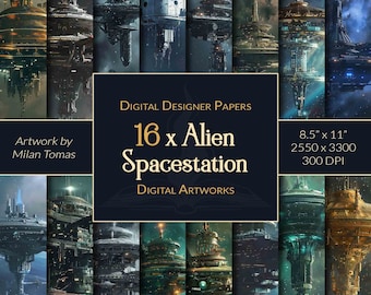 May include: A digital collage of 16 images featuring futuristic space stations with intricate details. The images are set against a dark background with stars and nebulae. The text "16 x Alien Spacestation" is displayed in a gold font on a black background.