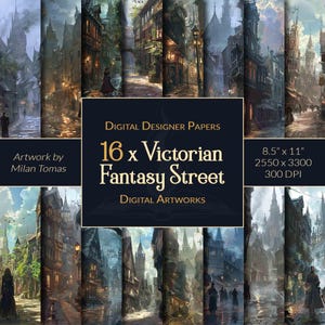 Victoriaans Fantasy Street-pakket met digitale kunstwerken | Set van 16 digitale papieren | Plakboekpapier | Ongewenste tijdschriften | DIY-knutsels