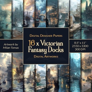 Op de afbeelding: 16 digitale papieren met Victoriaanse fantasy-docks met schepen, gebouwen en water. De papieren zijn 8,5 inch bij 11 inch, 2550 pixels bij 3300 pixels en 300 DPI. Artwork van Milan Tomas.