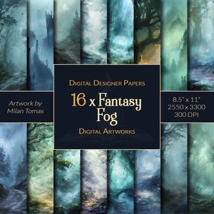 Könnte beinhalten: Ein Set mit 16 digitalen Papieren mit Fantasy-Waldszenen mit Nebel. Die Papiere sind 8,5 Zoll mal 11 Zoll groß, haben eine Auflösung von 2550 Pixel mal 3300 Pixel und eine Auflösung von 300 DPI. Die Illustrationen stammen von Milan Tomas.