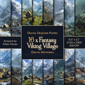 以下が含まれることがあります： 木造の家、山、湖のあるファンタジーなバイキングの村の画像16枚を収録したデジタルペーパーパック。画像は8.5インチ×11インチ、300DPI。Milan Tomasの作品です。