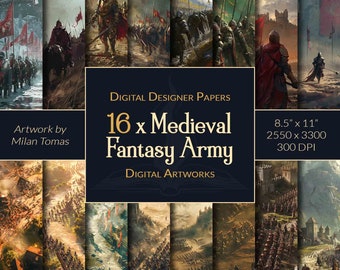 Medieval Fantasy Army Digital Artworks Pack | Set of 16 Digital Papers | Scrapbook Paper | Junk Journals | DIY Crafts