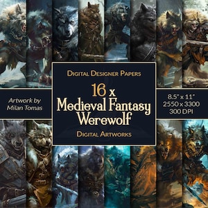 May include: A digital paper pack featuring 16 images of werewolves in a medieval fantasy setting. The images are 8.5 inches by 11 inches and 300 DPI. Artwork by Milan Tomas.