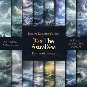 Het digitale kunstwerk Astral Sea | Set van 16 digitale papieren | Plakboekpapier | Ongewenste tijdschriften | DIY-knutsels