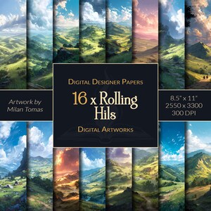 Rolling Hills Digital Artworks Pack | Set of 16 Digital Papers | Scrapbook Paper | Junk Journals | DIY Crafts