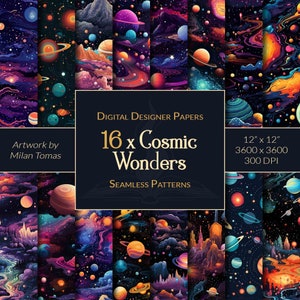 以下が含まれることがあります： 惑星、星、銀河など、カラフルな宇宙の驚異を特徴とする、16個のデジタルシームレスパターンセット。パターンは12インチ×12インチ、300 DPIです。Milan Tomasの作品です。