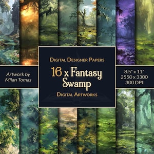 Op de afbeelding: Een digitale download van 16 fantasy-moeras-thema digitale papieren. De papieren zijn 8,5 inch bij 11 inch, 2550 pixels bij 3300 pixels en 300 DPI. De papieren bevatten een verscheidenheid aan moeras-scènes, waaronder bomen, water en mist. Artwork door Milan Tomas.