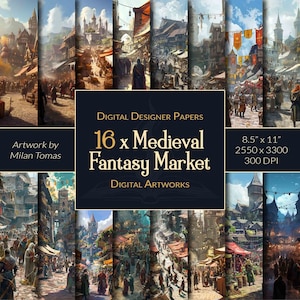 May include: A digital paper pack featuring 16 images of a medieval fantasy market scene. The images are 8.5 inches by 11 inches and 300 DPI. The artwork is by Milan Tomas.