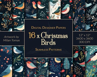 Christmas Birds Seamless Patterns Pack | Set of 16 Digital Papers | Scrapbook Paper | Junk Journals | DIY Crafts