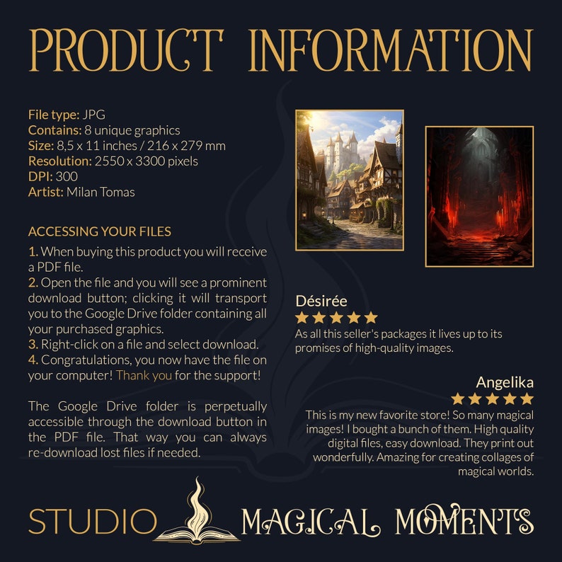 K&ouml;nnte beinhalten: Produktinformationsgrafik mit Details zu digitalen Dateien, einschlie&szlig;lich Gr&ouml;&szlig;e (216 x 279 mm) und Aufl&ouml;sung. Enth&auml;lt zwei Fantasy-Kunstdrucke und Kundenrezensionen. K&uuml;nstler: Milan Tomas. Die Marke ist Studio Magical Moments.