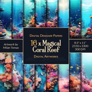 Magical Coral Reef Digital Artworks Pack | Set of 16 Digital Papers | Scrapbook Paper | Junk Journals | DIY Crafts