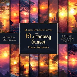 Fantasy Sunset Digital Artworks Pack | Zestaw 16 papierów cyfrowych | Papier do scrapbookingu | Dzienniki śmieciowe | Rękodzieło DIY