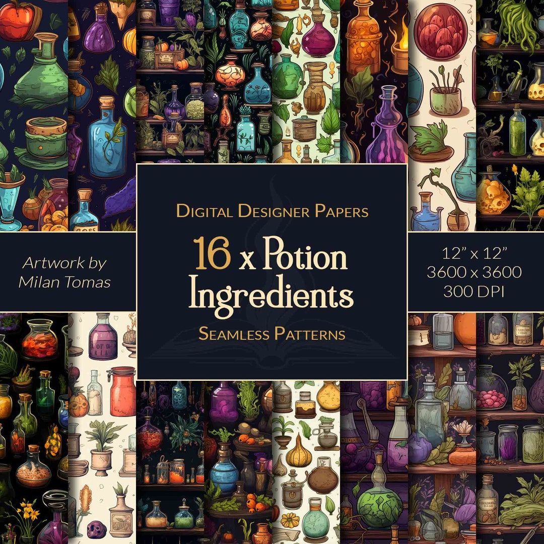Ingredients Seamless Pattern Potion Ingredients Seamless Patterns: 16 Fantasy Digital Papers ...