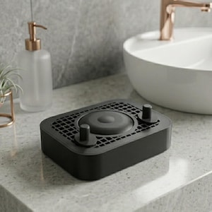 May include: A black air purifier with a circular top and two knobs rests on a grey countertop. The purifier has a grid-like design. A gold-coloured tap and white sink are in the background, along with a small plant in a gold holder. The setting is a bathroom.