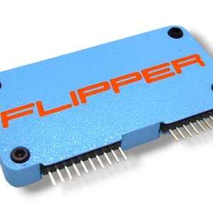 May include: A light blue device with the word "FLIPPER" printed in orange on the top. The device has two rows of pins on the bottom.