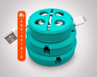 Cable Winder Set of 3, Wood-Accent Cord Organizer (M/L/XL Sizes), Tangle-Free Storage