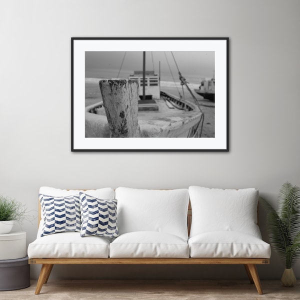 Boot am Strand Druck, Wand Dekor, Digitaler Druck, Schwarz und Weiss, Druckbare Kunst, Download, Küsten Dekor, Leinwand Kunst, Meer, Ferien