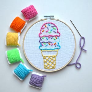 Beginner Embroidery for Child, Ice Cream Craft, Kids Sewing Kit