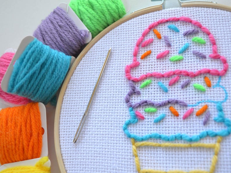 Beginner Embroidery for Child, Ice Cream Craft, Kids Sewing Kit image 2