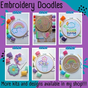 May include: Six embroidery kits with colorful threads and different designs. The designs include a rainbow, a heart, a monster, flowers, and a rainbow with clouds. The kits are perfect for beginners and experienced embroiderers alike.