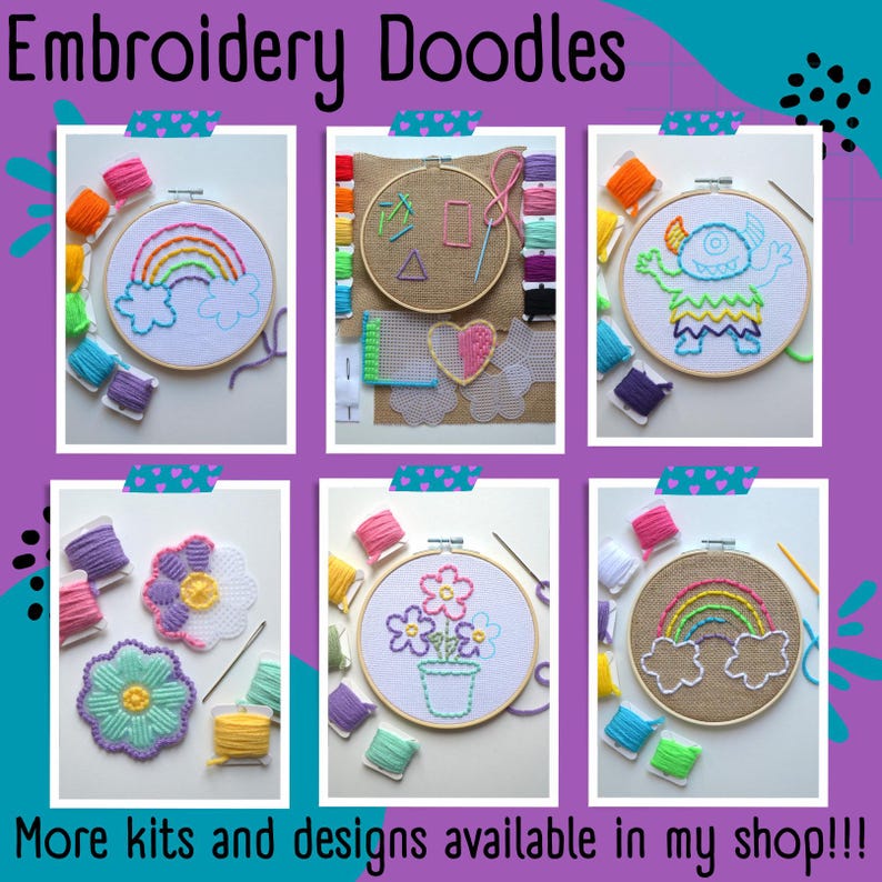 May include: Six embroidery kits with colorful threads and different designs. The designs include a rainbow, a heart, a monster, flowers, and a rainbow with clouds. The kits are perfect for beginners and experienced embroiderers alike.