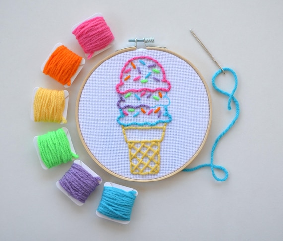 Beginner Embroidery for Child, Ice Cream Craft, Kids Sewing Kit