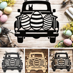 May include: Black laser-cut design of an Easter truck carrying three decorated Easter eggs. The truck has a bunny silhouette in the window. The text "EASTER TRUCK" and "SVG DXF Laser Cut Files" are at the top. The bottom text says "For CNC Laser Cricut Plasma".