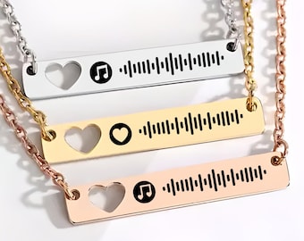 Spotify Music Code Necklace, Custom Engraved QR Songs Hearth Bar Necklace, Personalized Scannable Music Code Necklace, Custom Music Song