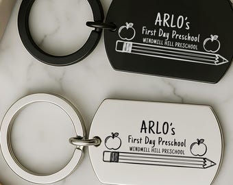 Personalized First Day School Keychain, Engraved Name & School, Metal Keepsake Gift