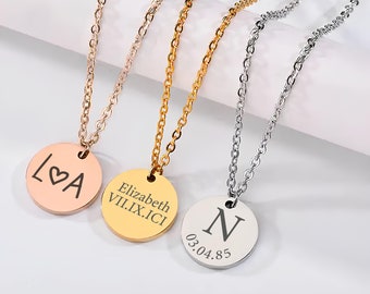 Engraved Letter Necklace, Disc Initials Necklace, Initial Disc Necklace,  Disc Necklace, Engraved Charm Necklace with Modern Text