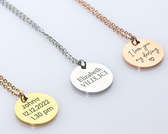 Personalized Engraved Gold Disc Necklace, Custom Circle Silver Necklace , Name Plate Necklace,  Kids Names Jewellery, Family Name Necklace