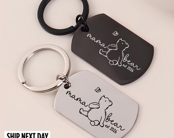 Personalised Mama Bear Keychain – Custom Tin Box Option – New Mum Keyring – New Dad Gift – EST 2026 Mum Keyring with Christmas Tin Box