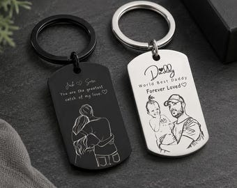 Personalized Photo Sketch Keychain, Custom Engraved Memorial Keepsake Key Ring for Christmas