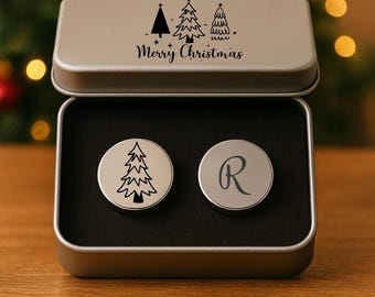 Personalized Christmas Cufflinks with Tree Design in Gift Box, Custom Engraved Cufflinks for Men, Xmas Gift for Him, Tree Design Cufflinks