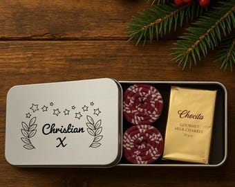 Personalized Christmas Gift Box with Name and Custom Text, Festive Holiday Tin Box for Him Her, Unique Xmas Present with Chocolate or Sock