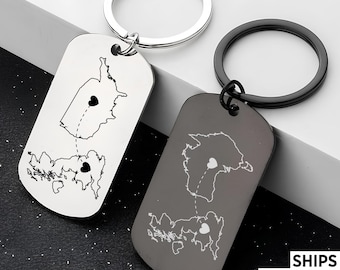 Personalized Country Map Keychain, Two Home Keyring, Long Distance Gift, Christmas Keepsake