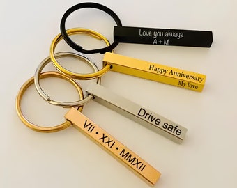 3D Bar Keychain, Personalised Bar Keyring, Metal Keychain, Custom Bar Engraved, Customised 3D Vertical Bar Personalized 4-Sides Keychain