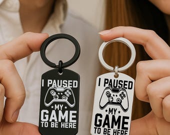 Funny gamer keychain gift for him or her with “I Paused My Game to Be Here” quote, metal video game charm with gift box included