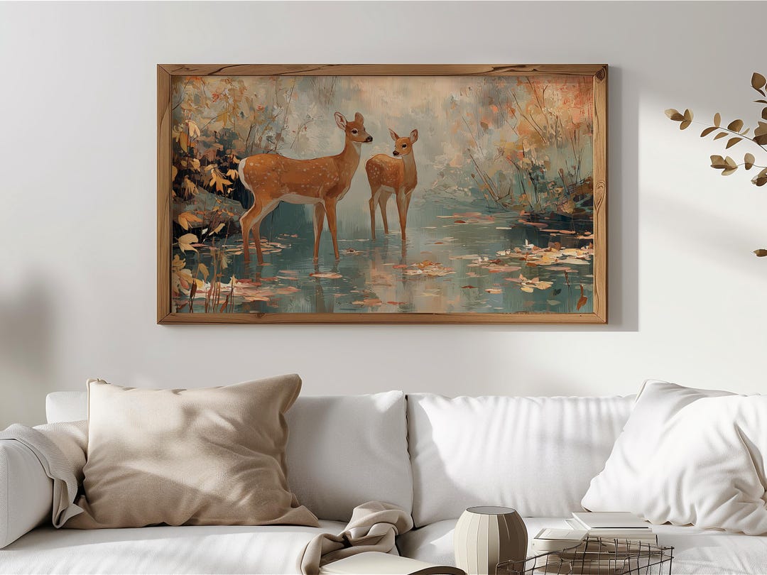 Rustic Deer Wall Art for Frame TV, Autumn Wildlife Scene Decor, Quiet ...
