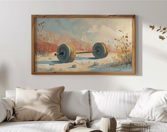 Rustic Barbell Landscape Frame TV Fitness Art, Gym Decor, Country Fitness Art for Samsung TV, Autumn Landscape TV Art, Digital Download 507